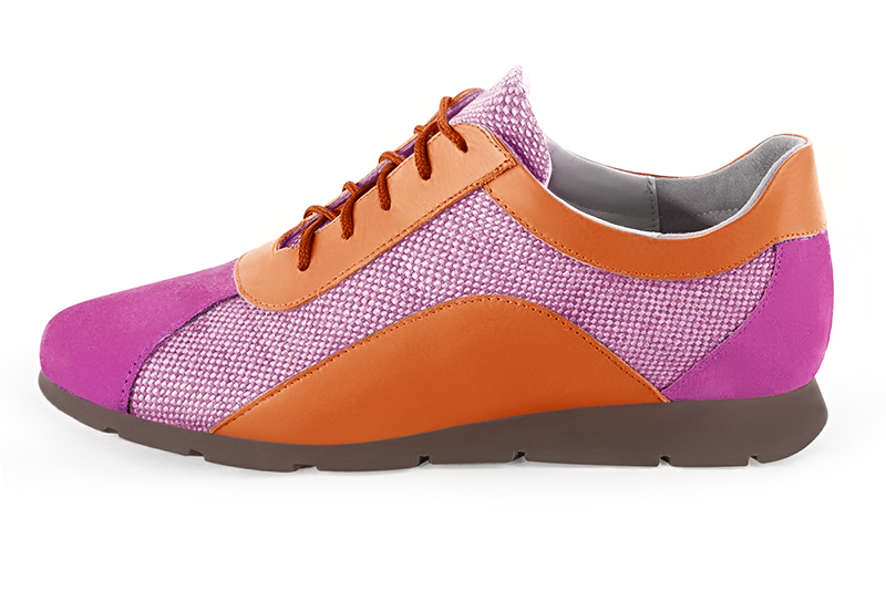 Shocking pink and apricot orange women's two-tone elegant sneakers. Round toe. Flat rubber soles. Profile view - Florence KOOIJMAN